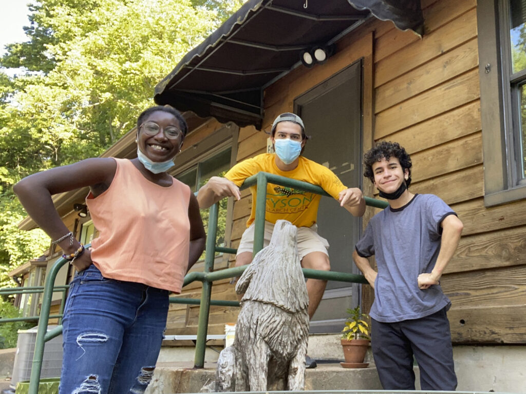 Jenise Sheppard (left) took part in the RESET program at WashU, and was also part of a research fellowship at Tyson Research Center. In the photo taken at Tyson, she is joined by Evan Lundstrom (center), BSAS ’21, and Raf Rodriguez (right), now a junior. (Photo credit: Jenise Sheppard)