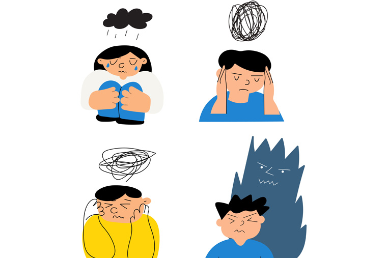 four cartoon drawings of children in distress