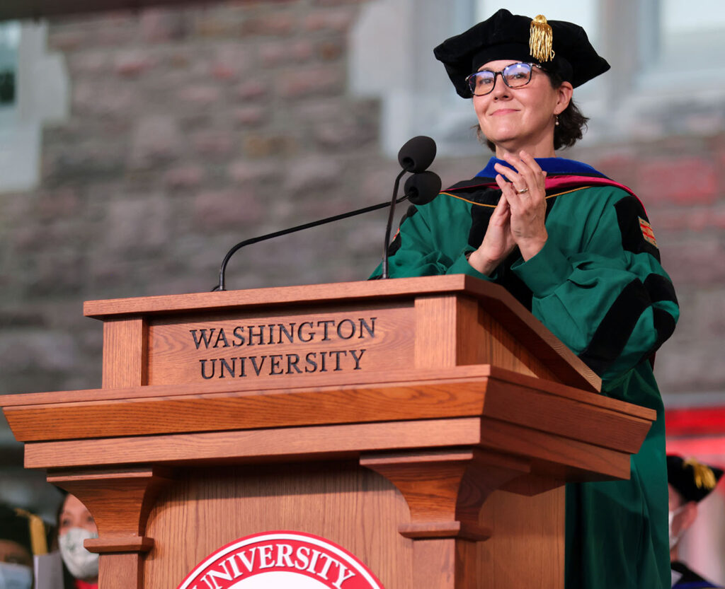 Provost Wendland was among the university leadership welcoming the Class of 2025 to Washington University during Convocation in Brookings Quad Aug. 28. (Photo: James Byard)