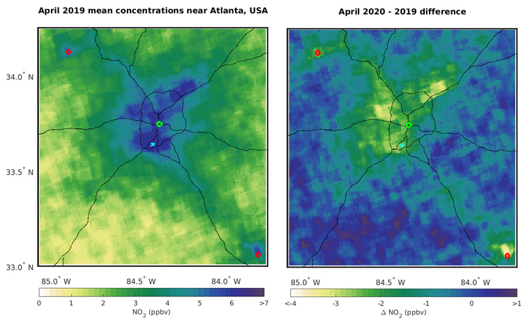 Two satellite images of the Atlanta metro area showing changes in NO2 concentrations pre- and mid-pandemic.