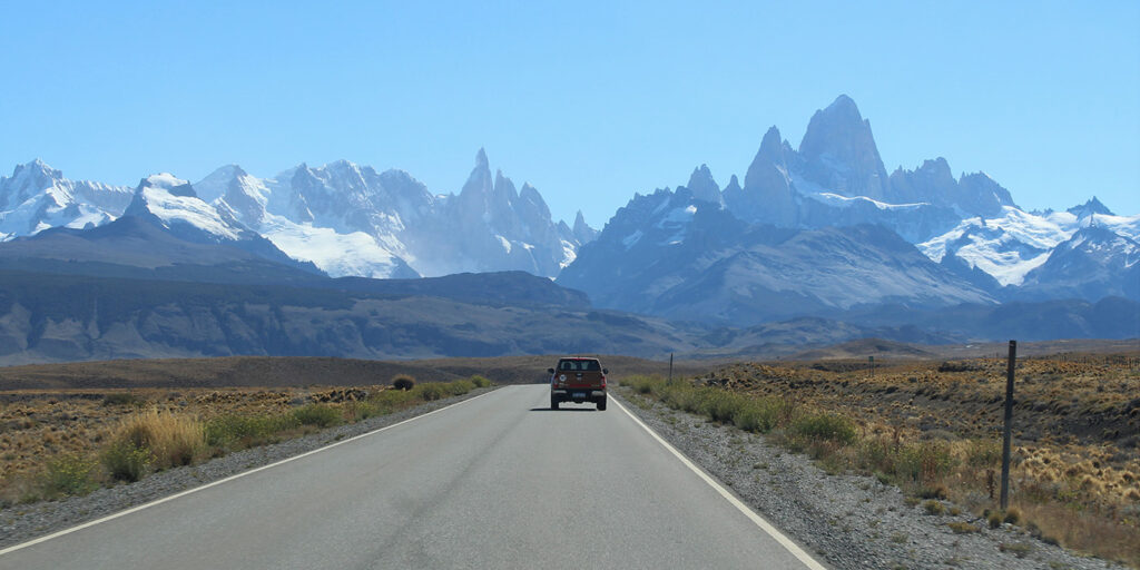 Driving toward Mt. Fitz Roy and surrounding peaks
