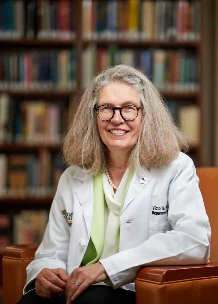 Victoria J. Fraser, MD, is the first female head of the John T. Milliken Department of Medicine, the largest department at the medical school, overseeing more than 750 faculty and a staff of close to 2,500. (Matt Miller/Washington University School of Medicine)