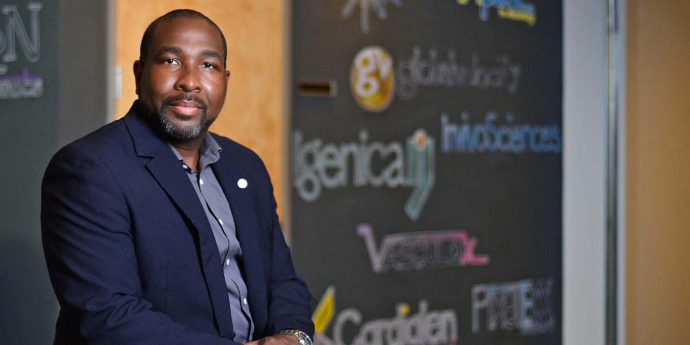 July 20, 2015 -Dedric Carter, Associate Provost and Associate Vice Chancellor for Innovation and Entrepreneurship, pictured at the 4240 building in Cortex. James Byard/WUSTL Photos
