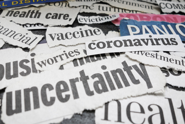 Newspaper clippings with words including "COVID," "Panic," "uncertainty," "vaccine," "Health," etc.