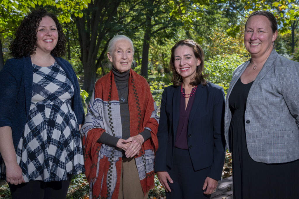 During a reception at the Whittemore House to Washington University, Jane Goodall met with students, staff, community members and faculty, including (from left) Krista Milich, assistant professor of anthropology; Crickette Sanz, professor of anthropology; and Emily Wroblewski, assistant professor of anthropology.