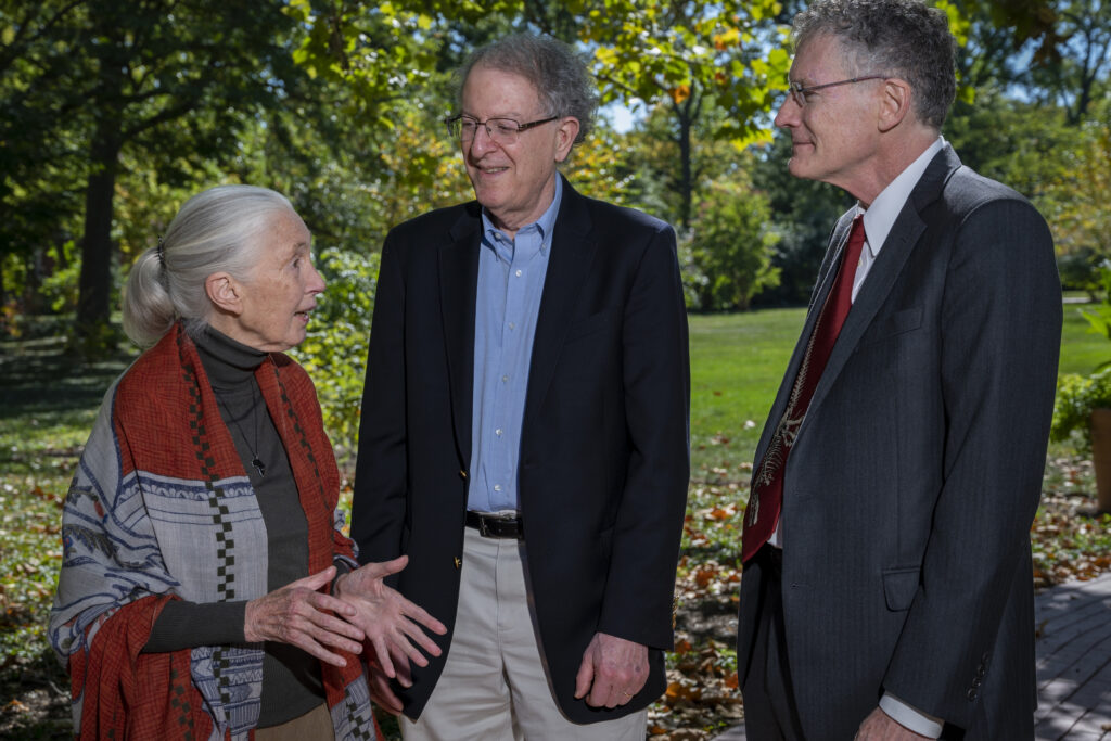 During a reception at the Whittemore House to Washington University, Jane Goodall met with students, staff, community members and faculty, including (from left) Jeffrey Gordon, MD, the Dr. Robert J. Glaser Distinguished University Professor at the School of Medicine; and Jonathan Losos, the William H. Danforth Distinguished Professor and director of the Living Earth Collaborative. (Photo: Sid Hastings/Washington University)