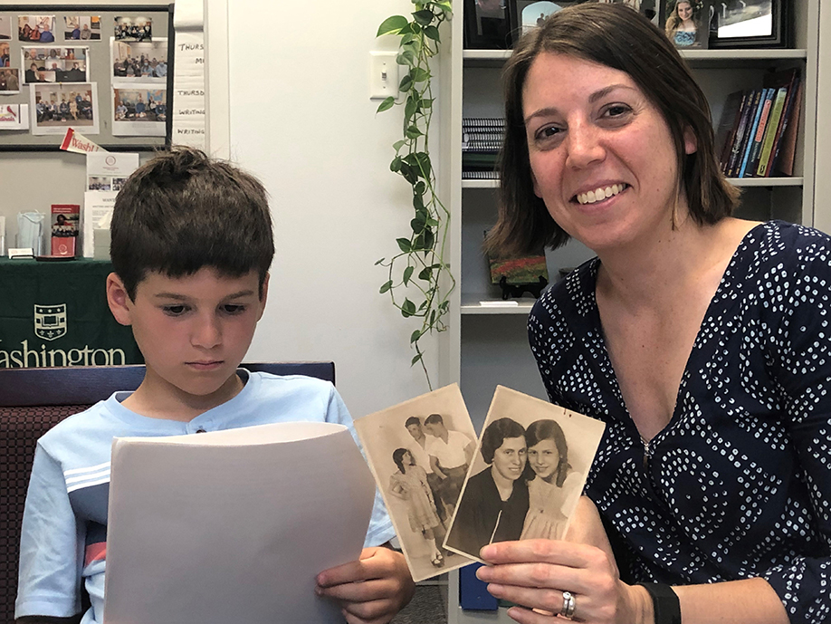 Laura Horwitz (right), granddaughter of the late Holocaust survivor Lilo Fauman, and her son, Jonah, visited Janet Gillow, director of OLLI, to collect her grandmother’s memoirs and photos. After Gillow had found the artifacts — dating from the time Fauman had taken “Telling Your Story,” a popular writing class — she searched for family to return them to. (Courtesy photo)