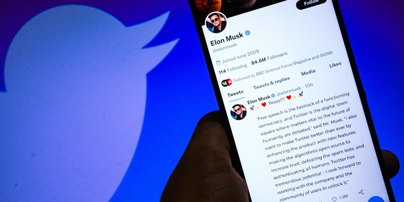 Twitter blue bird next to an Elon Musk tweet