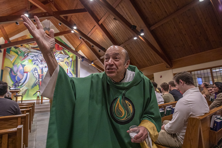Father Gary celebrates mass on his 72nd birthday, near the Danforth Campus of Washington University in St. Louis.