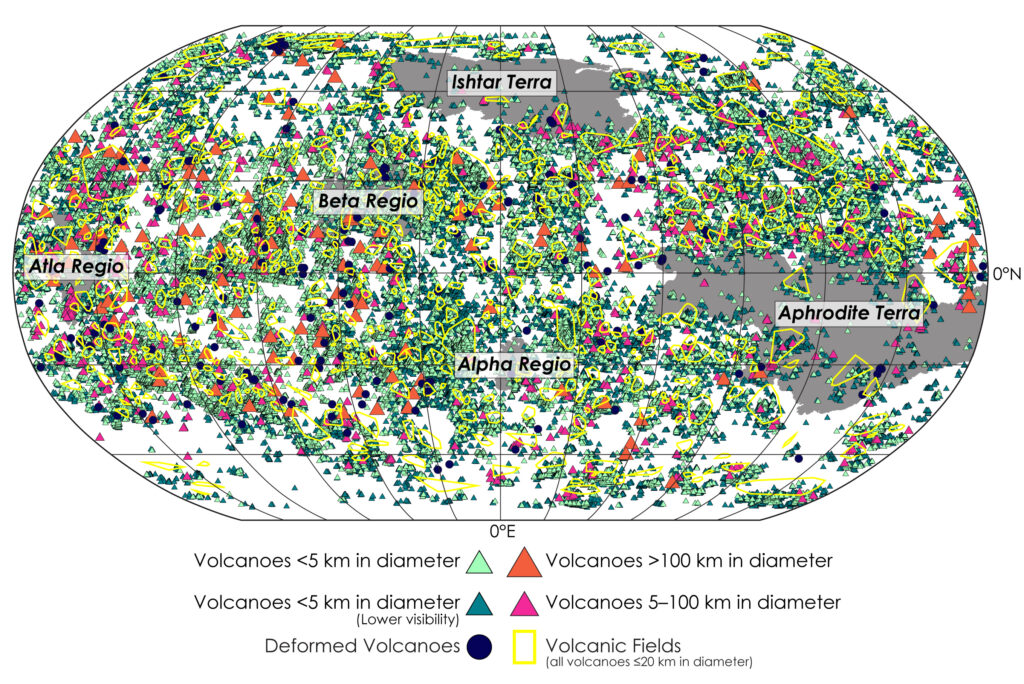 The map shows the surface of Venus dotted with different icons indicated different volcanoes. The key shows triangles in different colors to denote the different sizes of volcanoes, a black dot for deformed volcanoes, and a yellow rectangle for volcanic fields.