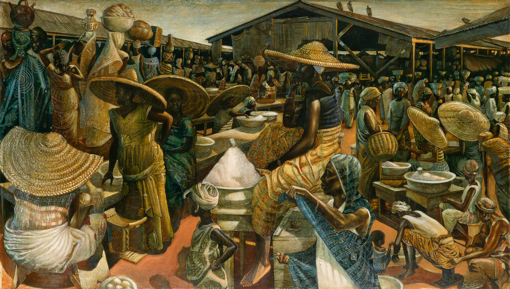 John Biggers, “Kumasi Market,” 1962. Oil and acrylic on Masonite board, 34 x 60 inches. Collection of William O. Perkins, III © 2022 John T. Biggers Estate. Licensed by VAGA at Artists Rights Society, New York. Estate represented by Michael Rosenfeld Gallery. Courtesy Swann Auction Galleries and American Federation of Arts.