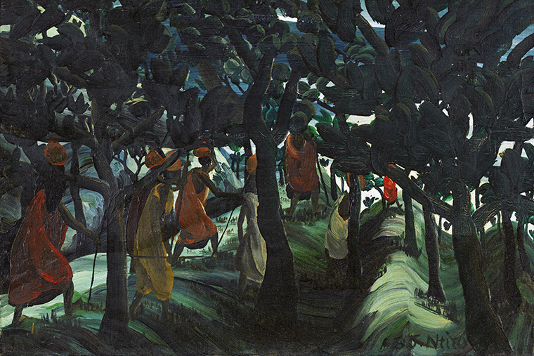 Sam Joseph Ntiro, “Men Taking Banana Beer to Bride by Night,” 1956. Oil on canvas, 16 1/8 x 20 inches. Museum of Modern Art, New York, Elizabeth Bliss Parkinson Fund. © Museum of Modern Art / Licensed by SCALA / Art Resource, NY. Courtesy American ­Federation of Arts.