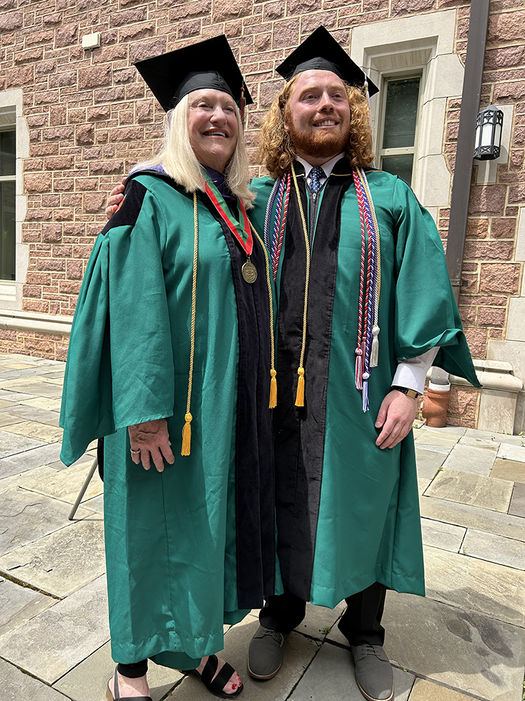 Barbara Lewis, AB ’73, welcomes her son William Lewis, AB ’23, into the ranks of WashU Alumni.