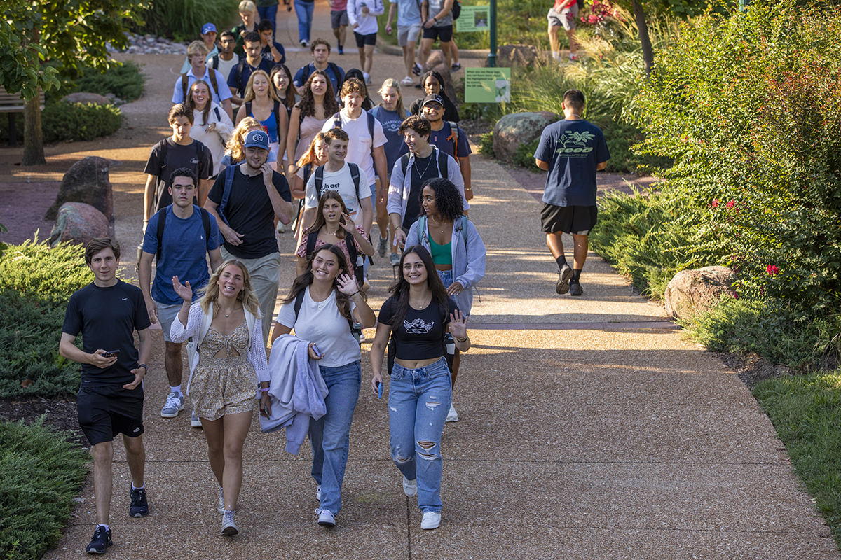 Students walk through the Danforth Campus Aug. 28 on the first day of classes