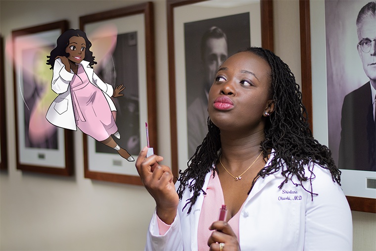 Shirlene Obuobi with her comic alter ego, ShirlyWhirl.