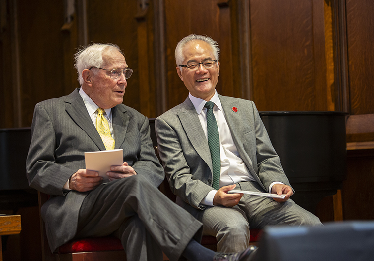 Richard G. “Dick” Engelsmann with Feng Sheng Hu during Hu's installation as the inaugural Richard G. Engelsmann Dean of Arts & Sciences.