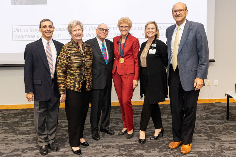 Gary Silverman, MD, the university’s head of pediatrics and St. Louis Children's Hospital’s pediatrician-in-chief; Susan Gould; James C. Gould; Beverly Brozanski; Trish Lollo, St. Louis Children’s president; and David Perlmutter, MD, dean of the School of Medicine.