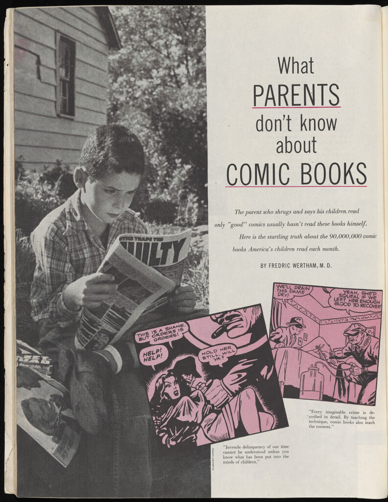 Kids liked pulp publications too, and some of the content was alarming to experts. In the November 1953 issue of Ladies’ Home Journal in “Do Comics Create Child Criminals? What Parents Don't Know About Comic Books,” psychiatrist Fredric Wertham posited that some comics caused juvenile delinquency. (Courtesy Dowd Illustration Research Archive) 