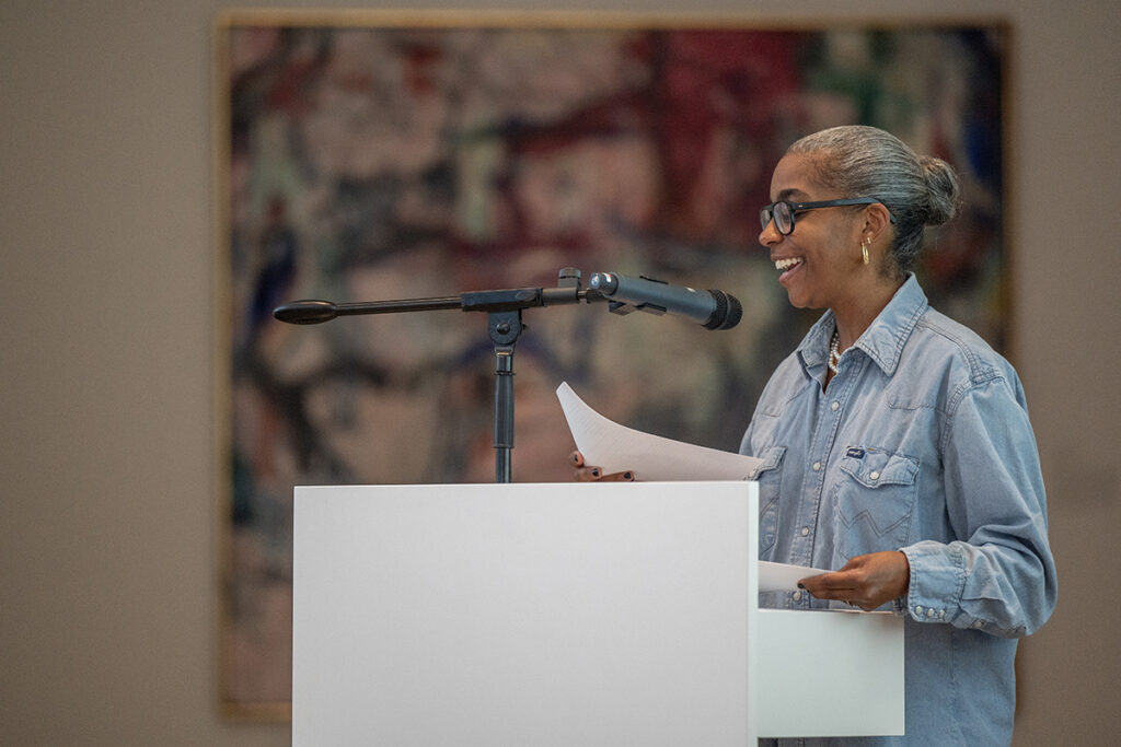 Poet Simone White speaks at the Kemper Art Museum