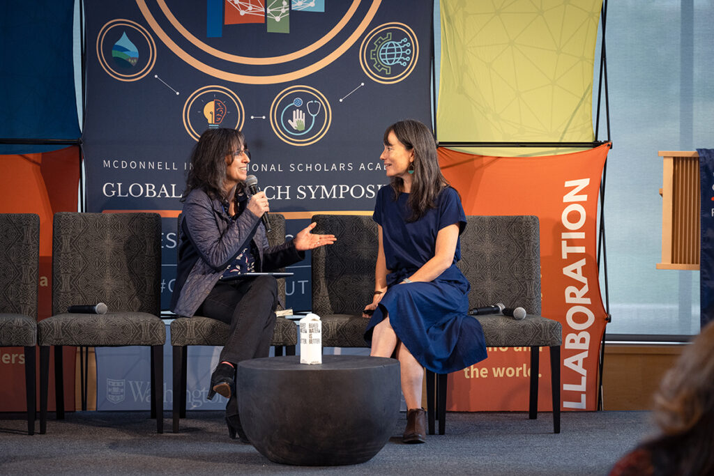 Pamela Ana Eguiguren Bravo (left), of the University of Chile, and WashU professor Kim Thuy Seelinger discuss their research project 