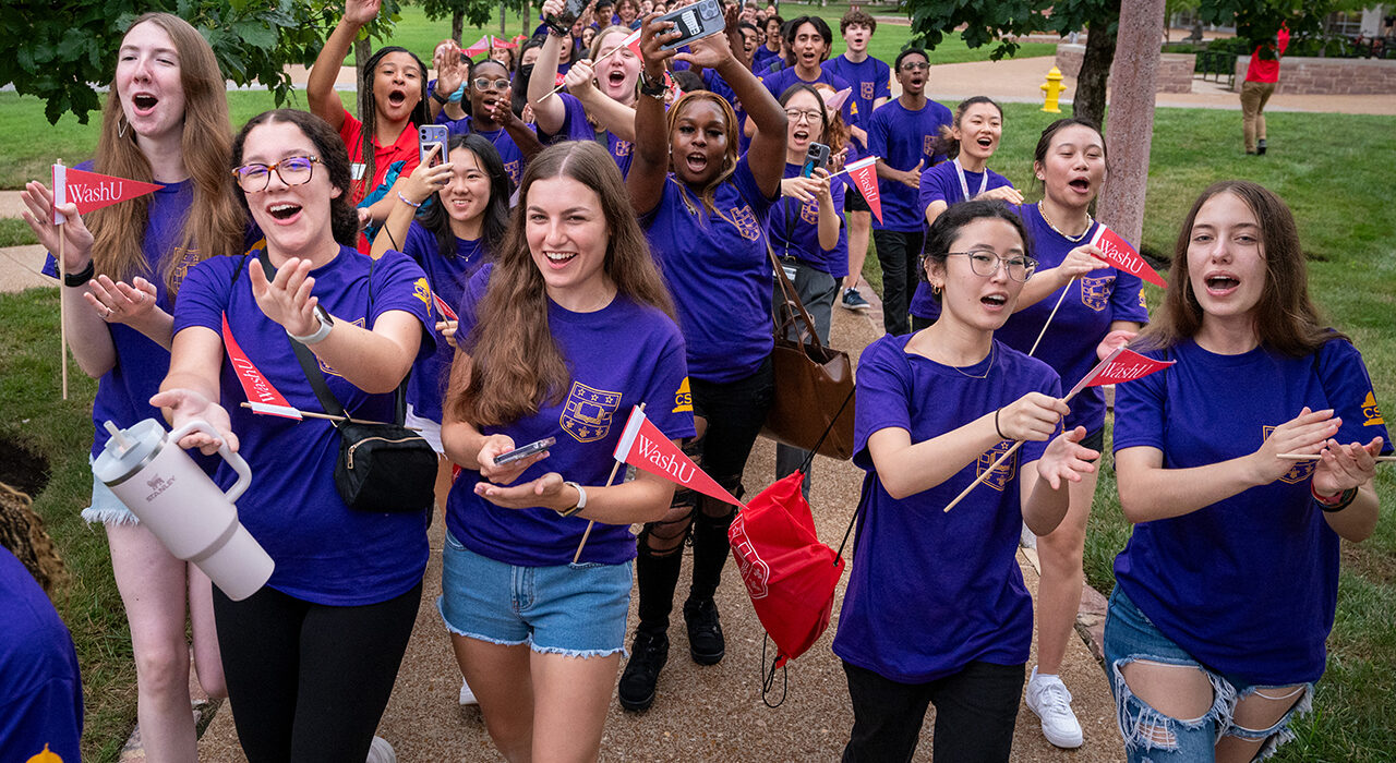 Members of the Class of 2027, WashU’s most diverse class yet, walk to Convocation Aug. 26. WashU’s 1,834 newest members represent all 50 states as well as 29 countries; 21% of students are Pell Grant-eligible; 17% are the first in their families to attend college; 53% identify as students of color; and 7% are from rural communities. (Photo: Sid Hastings/Washington University)