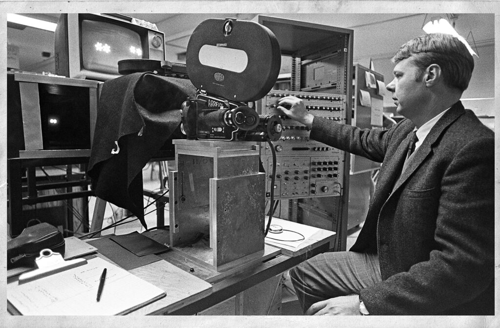 The late Lee Harrison III (1929–98), BFA ’52, BSME ’59, was an early pioneer in analog electronic animation. He is perhaps best-known as the inventor of Scanimate and the ANIMAC, receiving an Emmy Award for his work in 1972. (Photo courtesy of Washington University Archives)