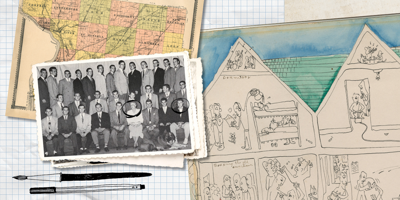 Author Randall Roberts found an illustrated holiday card (right) created by alumnus Lee Harrison in 1949 for Roberts’ great-grandmother, who served as housemother for Harrison’s fraternity (Juanita Baird, known as “Mother Baird,” and Lee Harrison are circled in the black-and-white photo). The original illustration was tucked into an oversized map book, which Roberts found in an old leather trunk (background left).