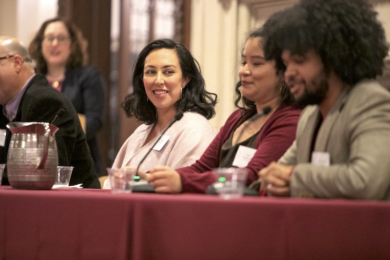 Mónica O'Malley de Castillo, AB '06, Luisa Castañeda-Cano, AB ’19, and Ousmane Gaye, BArch ’22, participated in a panel discussion at the launch of La Comunidad, WashU's newest alumni network. (Photo: Gara Lacy)